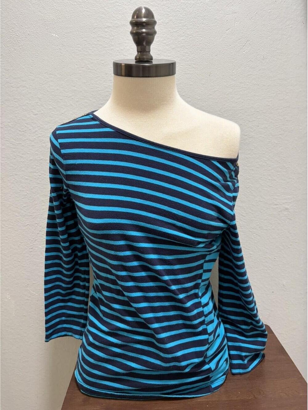 Y2K Striped Black And Blue Off The Shoulder Top Sz S